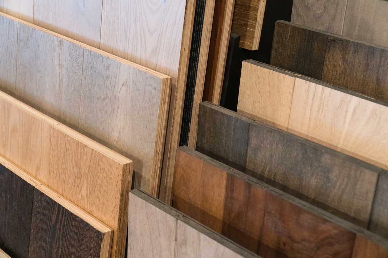 Wood Flooring Samples Selection In Rack In Retail Store With No People